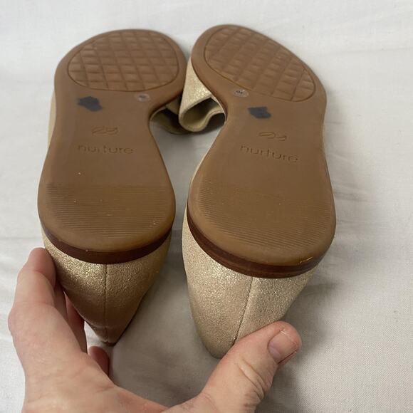 Nurture Shoes Womens 8 Gold Metallic Leather D'Orsay Peep Toe Flats PEYT Glam - Picture 9 of 14